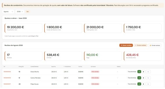 Recibos e quotas calculados por permilagem, pago e em dívida